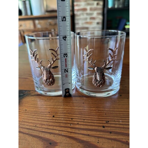 Brass Gold STAG Deer Medallion Double Old-Fashioned Glasses   (2) - Picture 10 of 10